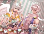  2boys black_choker blue_background blue_eyes bouquet cardinal_(ragnarok_online) choker closed_mouth commentary_request cookie copyright_name cross feathered_wings feathers flower food gift grey_background grey_eyes grey_scarf grey_shirt guillotine_cross_(ragnarok_online) halo heart heart-shaped_cookie heart-shaped_food holding holding_bouquet holding_gift jacket looking_at_viewer male_focus multiple_boys official_alternate_costume omanjuu_(tamppcn) open_mouth ragnarok_online scarf shirt short_hair sleeveless sleeveless_shirt smile striped_background upper_body white_day white_flower white_hair white_jacket white_wings wings yellow_halo 
