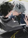  2boys ardashir_(arknights) arknights arknights:_endfield arm_up artist_name black_coat black_hair black_mask black_shirt blue_eyes blue_jacket closed_mouth coat commentary ear_covers earrings endministrator_(arknights) english_commentary eye_contact grey_hair grey_shirt hair_between_eyes highres holding_hands interlocked_fingers jacket jewelry looking_at_another male_endministrator_(arknights) male_focus mask mask_lift multiple_boys nervous_sweating open_clothes open_jacket parted_bangs parted_hair pointy_ears shirt smile suit_jacket sweat turtleneck yaoi yuelight 