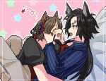  2girls air_shakur_(umamusume) alternate_costume animal_ears black_hair black_shirt blue_shirt brown_hair brown_pants closed_eyes collared_shirt commentary_request eyebrow_piercing face_piercing horse_ears horse_girl long_hair looking_at_another multiple_girls open_mouth pants piercing pink_background puffy_short_sleeves puffy_sleeves ria_(injuriar) shirt short_hair short_sleeves star_(symbol) striped_clothes striped_shirt tap_dance_city_(umamusume) umamusume yuri 