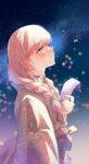  1girl blonde_hair blush braid commentary_request from_side highres holding holding_tanzaku hololive hololive_dev_is japanese_clothes kimono long_hair looking_up low_twin_braids night official_alternate_costume purple_eyes purple_hair sawari_66 sky smile solo star_(sky) starry_sky tanzaku todoroki_hajime todoroki_hajime_(new_year) twin_braids virtual_youtuber white_kimono 