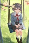  1girl ascot brown_skirt commentary grass grey_shirt hair_ornament hairclip on_swing original red_ascot red_eyes rumindo school_uniform shadow shirt short_twintails sitting skirt socks solo swing tree twintails white_socks 