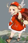  1girl backpack bag blonde_hair boots brown_bag brown_boots clover commentary_request dress four-leaf_clover full_body genshin_impact grey_background hat highres klee_(genshin_impact) looking_at_viewer looking_back medium_hair open_mouth orange_eyes plume pointy_ears pouch red_dress red_hat sankansan smile solo 
