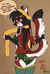  2018 android anthro ara bell black_fur black_hair blue_eyes breasts butt cat clothed clothing cybernetics cyborg dialogue english_text feline female fluff-kevlar fur furgonomics hair holding_tail holidays machine mammal multicolored_fur new_year panties red_fur robot simple_background solo standing text underwear white_fur 