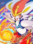  1other blue_background bright_pupils character_name cinderace dated furry open_mouth outstretched_arms pokemon pokemon_(creature) red_eyes runachikku solo spread_arms twitter_username white_pupils 