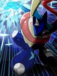  1other blue_background bright_pupils digitigrade furry greninja nostrils pokemon pokemon_(creature) pokemon_focus pokemon_move red_eyes runachikku solo twitter_username white_pupils 