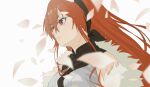  1girl black_ribbon closed_mouth collared_shirt commentary_request crossed_bangs eris_greyrat eris_greyrat_(adult) falling_petals hair_between_eyes hair_ribbon highres long_hair mushoku_tensei petals red_eyes red_hair ribbon shirt simple_background sleeveless sleeveless_shirt solo upper_body user_dptp7327 white_background white_shirt 