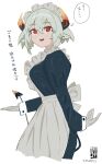  1girl alternate_costume animal_ears apron black_dress blush bouhuman breasts cow_girl cow_horns cow_tail demon_tail dress earrings enkichan_(bouhuman) enmaided frilled_apron frills gloves grey_hair hair_between_eyes highres horns jewelry juliet_sleeves long_sleeves looking_at_viewer maid maid_apron maid_headdress oni open_mouth original puffy_sleeves red_eyes short_hair simple_background solo speech_bubble tail teeth thought_bubble victorian_maid white_apron white_background white_gloves 