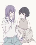  2girls arm_at_side black_hair blue_pants brown_cardigan brown_dress brown_eyes cardigan cardigan_partially_removed chang_chin-lan closed_eyes closed_mouth commentary_request cowboy_shot cup denim dress drinking_glass gujyo_kanade hand_up highres holding holding_cup holding_hands jeans kamiina_botan_yoeru_sugata_wa_yuri_no_hana long_hair long_sleeves looking_at_another looking_to_the_side miyao385 multiple_girls pants purple_hair short_hair simple_background sitting sleeveless sleeveless_dress smile straight_hair sweater sweater_dress sweater_partially_tucked_in turtleneck turtleneck_sweater u_u very_short_hair white_background white_sweater yuri 