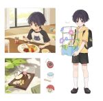  1boy aged_down alternate_costume alternate_universe anemo_symbol_(genshin_impact) ant aranara_(genshin_impact) artist_name backpack bag black_bag black_eyes black_hair black_shoes black_shorts block_(object) blue_flower blue_gem blunt_ends bug burger butterfly casual child closed_mouth commentary contemporary cup curtains drawstring drink_carton eating expressionless eyeliner flower food fork fruit gem genshin_impact hair_intakes hamburger_steak happy_meal highres holding holding_fork hood hood_down hoodie indoors juice_box lemon lemon_slice light_blush looking_at_viewer makeup male_focus multiple_views omelet omurice pink_flower plant plate popsicle_stick purple_flower randoseru red_eyeliner scaramouche_(genshin_impact) shoes short_hair short_sleeves shorts shrimp shrimp_tempura simple_background sliding_doors socks soup stuffed_toy table tamagotchi tamagoyaki tempura terrarium toy_block twitter_username vision_(genshin_impact) wanderer_(genshin_impact) wasabi white_background white_butterfly white_socks window yellow_hood yellow_hoodie yuii_03 
