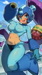  1girl :d arm_cannon arm_up armored_boots blue_boots blue_eyes blue_gloves blue_gorget blue_helmet blue_pants blue_shirt blue_sky blush blush_stickers bodysuit boots breasts cloud commentary cosplay crop_top dark-skinned_female dark_skin english_commentary gloves groin headphones heart heart_squid_(shantae) helmet highres joints jumping knee_boots large_breasts leg_lift life_is_pi long_eyelashes long_hair long_sleeves looking_at_viewer mechanical_boots mega_man_(character) mega_man_(character)_(cosplay) mega_man_(classic) mega_man_(series) met_(mega_man) met_(mega_man)_(cosplay) midriff navel open_mouth outdoors outline pants pointy_ears ponytail purple_hair robot_ears robot_joints shantae shantae_(series) shirt sky smile squid tan teeth upper_teeth_only very_long_hair weapon white_outline 