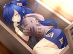  bare_legs blue_bow blue_hair blue_skirt bow box bracelet closed_eyes debt donation_box glint hair_bow hemogurobin_a1c in_box in_container jewelry lying miniskirt on_side skirt sleeping solo touhou yorigami_shion 