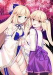  2girls :d absurdly_long_hair ahoge alternate_costume arcueid_fgo artoria_caster_(fate) artoria_caster_(swimsuit_berserker)_(third_ascension)_(fate) artoria_pendragon_(fate) bare_legs black_pantyhose blonde_hair blue_one-piece_swimsuit blue_ribbon blush breasts collar collared_shirt commentary_request diamond_(shape) fate/grand_order fate_(series) fireworks green_eyes hair_ornament holding_hands interlocked_fingers korean_commentary long_hair long_sleeves looking_at_viewer looking_back multiple_girls night one-piece_swimsuit original overall_skirt pantyhose pink_collar pom_pom_(clothes) pom_pom_hair_ornament purple_skirt red_eyes ribbon shirt skirt smile swimsuit turning_head twintails very_long_hair white_shirt wing_collar 