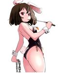  alternate_costume animal_ears ass bare_arms bare_legs bare_shoulders black_leotard breasts brown_hair bunny_ears bunny_tail bunnysuit carrot_necklace chain dominatrix flat_ass from_side inaba_tewi leotard looking_at_viewer red_eyes riding_crop simple_background small_breasts solo standing strapless strapless_leotard tail torso_(hjk098) touhou whip white_background wrist_cuffs 
