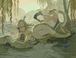  1girl 3pel1 :3 animalization arknights arm_tattoo barefoot blonde_streaks blue_streaks chongyue_(arknights) collar colored_extremities colored_skin commentary_request crossed_arms dragon_bean_(arknights) dragon_girl dragon_horns dragon_tail earrings evening feet_up green_eyes hair_intakes hair_ornament hair_stick highres horns jewelry ling_(arknights) looking_at_viewer lying multicolored_hair nian_(arknights) on_stomach outdoors pants pointy_ears rock shirt shu_(arknights) soles solo streaked_hair tail tail_through_clothes tassel tassel_earrings tattoo toes tree water white_hair white_pants white_shirt yellow_skin yu_(arknights) 