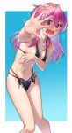  1girl @_@ absurdres ahoge bikini black_bikini blonde_hair blue_background blush border breasts cleavage collarbone covering_breasts covering_privates earrings embarrassed feet_out_of_frame hair_between_eyes hair_over_shoulder highres idolmaster idolmaster_million_live! idolmaster_million_live!_theater_days jewelry kaiso_(kaisooekaki) knees_together_feet_apart leaning_forward long_hair looking_at_viewer maihama_ayumu messy_hair multicolored_hair navel nose_blush official_alternate_hairstyle open_mouth outside_border pink_eyes pink_hair sideboob simple_background small_breasts solo swimsuit two-tone_hair wavy_mouth white_border 