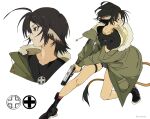  1girl animal_ears black_hair black_shirt coat cross cross_necklace gun h&amp;k_usp h&amp;k_usp_match handgun highres jewelry looking_to_the_side necklace open_clothes open_coat original shirt short_hair squatting tail weapon yonq98 