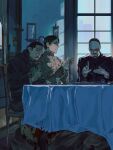  3boys black_hair candle clock closed_mouth corpse eating facial_hair goatee golden_kamuy highres index_finger_raised indoors koito_otonoshin long_sleeves luke_skyfaller male_focus multiple_boys mustache open_mouth short_hair sitting tsukishima_hajime tsurumi_tokushirou window 