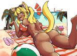  1girl ass beach beachball bikini blonde_hair bra_removed breasts crois dark_skin large_breasts liru lying on_stomach pink_bikini renkin_san-kyuu_magical_pokaan solo 