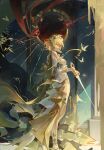  1girl absurdres aglaea_(honkai:_star_rail) bare_shoulders blonde_hair breasts bug butterfly chinese_commentary closed_mouth commentary_request dress flower from_side furioso green_eyes hair_flower hair_ornament high_heels highres holding holding_sword holding_weapon honkai:_star_rail honkai_(series) large_breasts laurel_crown long_dress looking_at_viewer looking_to_the_side multicolored_dress short_hair solo standing sword weapon white_dress white_flower 