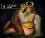  2boys arm_hair asgore_dreemurr asgore_dreemurr_(dark_world) bara beard belly biceps blonde_hair closed_eyes colored_skin commentary deltarune english_commentary english_text facial_hair fang flowery_(deltarune) furrowed_brow furry furry_male goat_horns gooberstin grin highres horns looking_at_viewer male_focus multiple_boys on_ground open_mouth pectoral_cleavage pectorals plump ponytail shushing_another sitting skin_fang smile utdr_(toby_fox) video_game_dialogue_box white_fur yellow_skin 