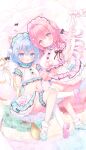  2girls :d :o animal_ears apron asymmetrical_legwear bendy_straw blue_eyes blue_hair blue_shoes blue_skirt blush breasts cat_ears cat_girl cat_tail cleavage cleavage_cutout clothing_cutout commentary_request crop_top drinking_straw fang food frilled_apron frills heart_cutout highres in_food large_breasts midriff multiple_girls navel onka original pink_hair pink_shoes pink_skirt pleated_skirt purple_eyes rabbit_ears sakura_(usashiro_mani) shirt shoes single_sock single_thighhigh skirt smile socks tail thighhighs usashiro_mani watermark white_apron white_shirt white_socks white_thighhighs 