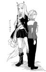 2girls animal_ears boots bow clipboard commentary_request ear_bow frilled_jacket frills greyscale hearing_aid height_difference horse_ears horse_girl horse_tail jacket kneehighs lace-up_boots long_hair long_sleeves looking_at_viewer looking_back mejiro_mcqueen_(frontline_elegance)_(umamusume) mejiro_mcqueen_(umamusume) midriff_peek monochrome multiple_girls old old_woman pants pleated_skirt shadow shirt simple_background skirt smile socks tail taller_than_canon translated umamusume uzaki_(jiro) white_background 