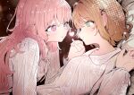  2girls bob_cut brown_background brown_hair closed_mouth commentary_request couple eye_contact green_eyes hair_ornament heart highres holding_hands interlocked_fingers kagari_mimi kimi_ga_shinu_made_koi_wo_shitai long_hair long_sleeves looking_at_another multiple_girls neck_ribbon pink_eyes pink_hair ribbon shirt short_hair sleepwear smile totsuki_shiina white_ribbon white_shirt x_hair_ornament yunir4242 yuri 