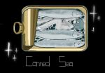  1other black_background blue_eyes blue_hair canned_fish commentary_request completely_nude english_text four-pointed_star from_side full_body highres kamome_umsakana medium_hair nude open_can original partially_submerged sardine sidelocks 
