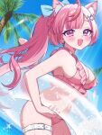  18_amamam 1girl ahoge animal_ear_fluff animal_ears bare_shoulders belt bikini blue_bow blue_sky blush bow braid breasts cat_ears cat_girl cat_hair_ornament cat_tail commentary day fingernails frilled_bikini frills hair_bow hair_ornament hairclip high_ponytail highres holding holding_swim_ring indie_virtual_youtuber innertube large_breasts long_hair looking_at_viewer nail_polish navel ocean open_mouth outdoors palm_tree pink_bikini pink_eyes pink_hair pink_nails pink_tail ponytail sky smile solo stomach swim_ring swimsuit tail thigh_belt thigh_strap thighs transparent_innertube tree virtual_youtuber water white_belt yuuki_sakuna 