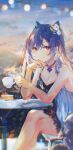  1girl absurdres alternate_costume animal_ear_fluff artist_name bare_shoulders blurry blurry_background breasts cake chinese_commentary cleavage closed_mouth commentary_request cone_hair_bun crossed_legs cup dated double_bun dress food genshin_impact hair_between_eyes hair_bun hair_ornament highres holding holding_cup keqing_(genshin_impact) looking_at_viewer outdoors purple_eyes purple_hair sitting sky sleeveless sleeveless_dress smile solo swkl:d 