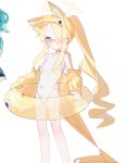  1girl 2girls absurdres alternate_costume alternate_hairstyle animal_ears blonde_hair blue_archive casual_one-piece_swimsuit closed_mouth covered_navel flat_chest fox_ears hair_over_one_eye halo hat highres innertube long_hair looking_at_viewer mamyu_040 multiple_girls one-piece_swimsuit pink-tinted_eyewear ponytail seia_(blue_archive) seia_(swimsuit)_(blue_archive) simple_background solo_focus sunglasses swim_ring swimsuit tinted_eyewear very_long_hair visor_cap white_background white_one-piece_swimsuit yellow_hat 