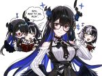  ! 2girls absurdres asymmetrical_horns black-framed_eyewear black_gloves black_hair black_horns black_wings blue_hair blush_stickers book breasts clothing_cutout collared_shirt colored_inner_hair demon_horns eighth_note english_text fang feathered_wings flower glasses gloves grey_hair heads_together highres holding holding_book hololive hololive_english horn_flower horns large_breasts light_smile long_hair long_sleeves looking_at_viewer low_wings mole mole_under_eye multicolored_hair multiple_girls multiple_views musical_note nerissa_ravencroft nerissa_ravencroft_(1st_costume) open_book open_mouth red_eyes ribbed_shirt shiori_novella shiori_novella_(1st_costume) shirt shoulder_cutout speech_bubble split-color_hair two-tone_hair uneven_horns upper_body virtual_youtuber white_background white_shirt wings yellow_eyes yomosaka 