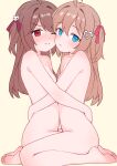  2girls absurdres barefoot blue_eyes brown_hair chinese_commentary closed_mouth commentary_request completely_nude evil_neuro-sama feet highres hug incest long_hair multiple_girls neuro-sama nude one_eye_closed red_eyes siblings simple_background sisters soles toes twincest twins two_side_up vedal_ai virtual_youtuber yellow_background yumo539959 yuri 