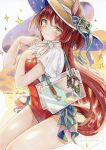  1girl ahoge animal_ears bag bag_charm blunt_bangs blunt_ends blush breasts character_charm charm_(object) closed_mouth ears_through_headwear frills hair_between_eyes hat highres horse_ears horse_girl horse_tail long_hair looking_at_viewer one-piece_swimsuit red_desire_(umamusume) red_hair red_one-piece_swimsuit shin_kun30 shirt shoulder_bag small_breasts smile star_ornament sun_hat swimsuit tail umamusume vodka_(umamusume) vodka_(wild_top_gear)_(umamusume) white_shirt yellow_eyes 