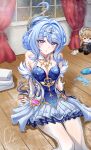  1girl absurdres bare_shoulders blue_dress blue_hair blush bottle breasts camera character_doll cleavage collarbone commentary_request dasoin doll dress genshin_impact hair_ornament highres holding holding_camera indoors looking_at_viewer lumine_(genshin_impact) lumine_(snezhnaya)_(genshin_impact) medium_breasts odette_(genshin_impact) pantyhose parted_lips purple_eyes signature sitting smirk solo spill strapless strapless_dress towel water_bottle white_pantyhose 