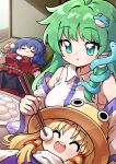  3girls absurdres black_skirt blonde_hair blue_hair blush breasts brown_hat chopsticks closed_eyes closed_mouth collared_shirt commentary_request detached_sleeves eating feeding food frog_hair_ornament green_eyes green_hair hair_ornament hair_ribbon hair_tubes hat highres holding holding_chopsticks kochiya_sanae lap_pillow layered_sleeves leaf_hair_ornament long_sleeves lying making-of_available medium_breasts medium_hair mirror mochi moriya_suwako multiple_girls on_back purple_skirt purple_vest red_ribbon red_shirt ribbon shirt short_over_long_sleeves short_sleeves single_hair_tube skirt sleeveless sleeveless_shirt snake_hair_ornament tatami touhou tress_ribbon unagiii_0 vest white_shirt yasaka_kanako 