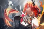  1girl absurdres arknights arknights:_endfield bare_shoulders black_gloves black_horns black_sleeves breasts commentary detached_sleeves english_commentary gloves hair_between_eyes highres horns ko_uniii laevatain_(arknights) large_breasts long_hair long_sleeves looking_ahead parted_lips purple_eyes red_hair solo surtr_(arknights) upper_body 