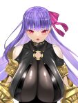  1girl absurdres blue_notuki blush breasts claw_(weapon) clothing_cutout collar commentary criss-cross_halter fate/grand_order fate_(series) hair_ribbon halterneck highres huge_breasts long_hair looking_at_viewer o-ring passionlip_(fate) pink_eyes pink_ribbon purple_hair ribbon see-through_cleavage see-through_clothes shoulder_cutout very_long_hair weapon 