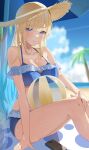  1girl absurdres aizawa_ema aqua_hair ball bare_shoulders beach beach_umbrella beachball bikini blonde_hair blue_bikini blue_eyes blue_sky blurry blurry_background blush breasts cellphone cleavage closed_mouth cloud cloudy_sky commentary day frilled_bikini frills gradient_hair halterneck hamigaki_(hikaruyusi) hand_on_own_knee hand_rest hat highres large_breasts long_hair looking_at_viewer multicolored_hair ocean outdoors phone sitting sky smartphone smile solo spaghetti_strap straw_hat swimsuit umbrella virtual_youtuber vspo! 