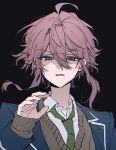  1boy ahoge black_background blazer blue_jacket brown_sweater disgust eichi_turnr ensemble_stars! green_eyes green_necktie hair_between_eyes half-closed_eyes hand_up highres himemiya_tori jacket layered_sleeves long_sleeves looking_at_viewer male_focus necktie open_clothes open_jacket parted_lips pink_hair school_uniform shirt short_hair short_hair_with_long_locks simple_background sleeves_past_wrists solo sweater upper_body v-shaped_eyebrows white_shirt yumenosaki_school_uniform 