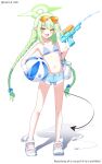  1girl artist_name aviator_sunglasses ball bare_arms bare_legs beachball bikini blue_archive braid commentary_request denim denim_shorts eyewear_on_head flat_chest full_body green_hair green_halo halo highres long_hair looking_at_viewer murasame_(sword_of_nmkr) navel nozomi_(blue_archive) open_mouth pointy_ears short_shorts shorts simple_background solo standing straight-on striped_bikini striped_clothes sunglasses swimsuit twin_braids water_gun white_background yellow_eyes 