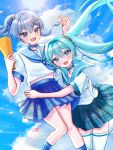  2girls aqua_eyes aqua_hair black_collar blue_bow blue_eyes blue_hair blue_neckerchief blue_sailor_collar blue_skirt blue_sky blurry bow cloud cloudy_sky collar commentary_request coolish cumulonimbus_cloud day double-parted_bangs grey_shirt hair_between_eyes hair_bow hatsune_miku highres hololive hoshimachi_suisei lens_flare long_hair looking_at_another lotte_(company) maarin_(59567861) medium_hair multiple_girls neckerchief open_mouth outdoors pendant_collar pleated_skirt sailor_collar school_uniform serafuku shirt side_ponytail sidelocks skirt sky smile spoon star_(symbol) star_in_eye symbol_in_eye v-shaped_eyebrows very_long_hair virtual_youtuber vocaloid white_shirt 
