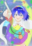  1girl absurdres blue_eyes blue_hair blush breasts cape commentary_request dress hairband highres long_sleeves looking_at_viewer multicolored_dress multicolored_hairband naomi-chan open_mouth patchwork_clothes pink_nails pointing pointing_down pointing_up pouch rainbow_gradient rainbow_hairband signature sky_print small_breasts smile solo teeth tenkyuu_chimata tenkyuu_chimata_pose touhou two-sided_cape two-sided_fabric upper_teeth_only white_cape 