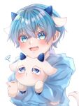 1boy :d animal animal_ears ash85_nemux2 blue_eyes blue_hair blush character_request colon_(stpri) commentary_request dot_nose goat_ears hair_between_eyes highres holding holding_animal hood hood_down horns long_sleeves male_focus short_hair simple_background smile strawberry_prince upper_body white_background 