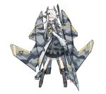  ace_combat ace_combat_zero belkan_flag boots camouflage camouflage_skirt frider highres holding holding_polearm holding_weapon insignia jacket layered_sleeves long_hair long_sleeves mecha_musume medium_skirt original personification polearm semi-rimless_eyewear short_over_long_sleeves short_sleeves skirt spear su-47_berkut under-rim_eyewear weapon white_background white_hair white_jacket wings yellow_eyes 