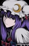  1girl bilingual_commentary blue_bow bow capelet character_name commentary crescent crescent_hat_ornament dark_background gradient_background grey_outline hair_bow hat hat_ornament highres kinoshii-shroom long_hair long_sidelocks looking_at_viewer mixed-language_commentary mob_cap neck_ribbon outline parted_lips patchouli_knowledge portrait purple_eyes purple_hair red_bow red_ribbon ribbon sidelocks simple_background solo touhou white_capelet white_hat 
