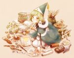  1girl book book_stack brown_background brushbuddy cloak coco_(tongari_boushi_no_atelier) commentary_request creature green_eyes haiki_(hakkyoii06) hat highres holding holding_pen nib_pen_(object) paper parted_lips pen qifrey's_atelier_apprentice_uniform quill simple_background sitting smile solo tongari_boushi_no_atelier wizard_hat 