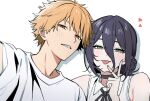  1boy 1girl :p black_choker black_ribbon blonde_hair blush chainsaw_man choker collared_shirt commentary_request denji_(chainsaw_man) green_eyes grenade_pin hair_between_eyes hair_bun hand_up heart korean_commentary long_hair_between_eyes looking_at_viewer narrowed_eyes neck_ribbon purple_hair reze_(chainsaw_man) ribbon selfie sharp_teeth shirt short_hair simple_background siribang1215 sleeveless sleeveless_shirt smile teeth tongue tongue_out v white_background white_shirt 