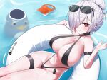  1girl :q afloat arm_rest arm_strap bird black-framed_eyewear black_collar black_slingshot_swimsuit blush breasts bright_pupils bust_cup cinderella_(crystal_wave)_(nikke) cinderella_(nikke) cleavage closed_mouth collar commentary criss-cross_halter day eyewear_on_head feet_out_of_frame from_above goddess_of_victory:_nikke grey_hair groin hair_bun hair_over_one_eye halterneck hand_up highres hokuroten jewelry large_breasts navel necklace non-humanoid_robot official_alternate_costume official_alternate_hairstyle on_innertube one_eye_covered open_hand outdoors pendant penguin penguin_squad_(nikke) red_eyes red_visor_cap robot robot_animal robot_bird short_hair single_hair_bun slingshot_swimsuit smile stomach submerged sunglasses swim_ring swimsuit thigh_strap tongue tongue_out twitter_username unworn_headwear water wet white_pupils 