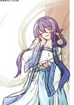  1girl :d ;d absurdres alternate_costume alternate_hairstyle artist_name blue_skirt clothing_request commentary_request dated flower hair_ornament hair_rings hair_stick hand_on_own_cheek hand_on_own_face highres kaku_seiga long_hair long_sleeves looking_at_viewer one-hour_drawing_challenge one_eye_closed open_mouth purple_flower shirt skirt smile solo touhou ve1024 very_long_hair white_shirt wide_sleeves 